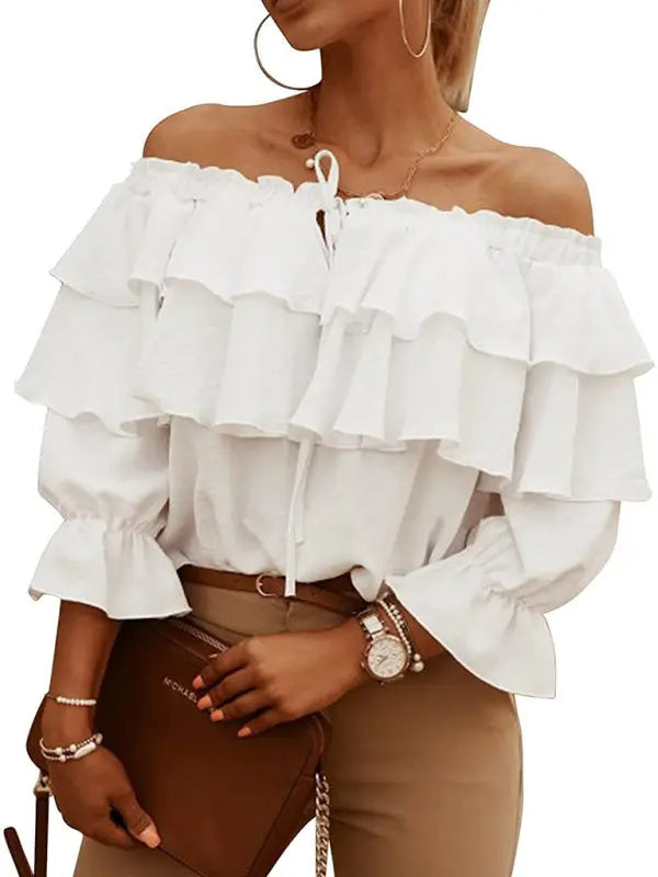 3/4-sleeves Double-ruffled Off-the-shoulder Tie-neck Blouse - Serenity Land fashion