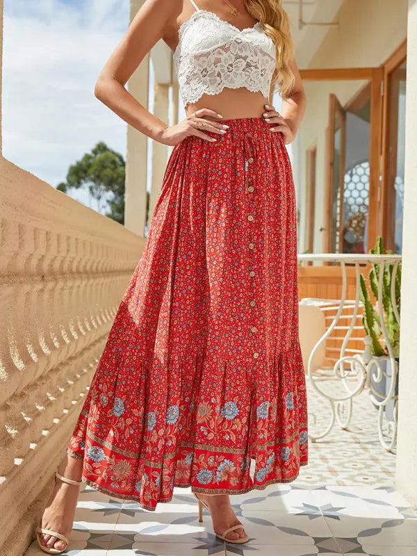 Bohemian Print Elastic Waist Tie Tiered Maxi Skirt - Serenity Land fashion