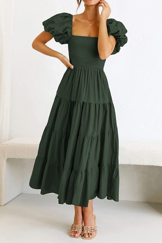 Square Neck Backless Puff Sleeve Pleated Dress - Serenity Land fashion