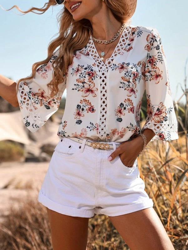 V-neck printed patchwork lace flared sleeve top - Serenity Land fashion