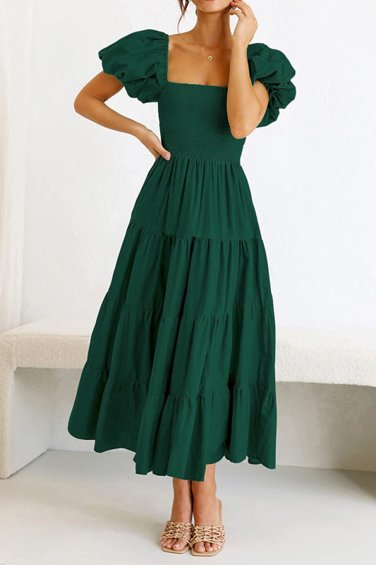 Square Neck Backless Puff Sleeve Pleated Dress - Serenity Land fashion