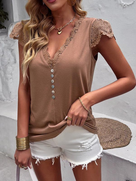 Solid Color V-neck Ruffle Cap Sleeve Blouse - Serenity Land fashion