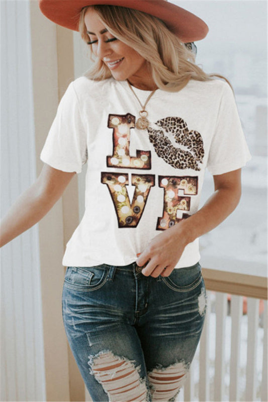 Short Sleeve Leopard Lips Crew Neck Print T-Shirt - Serenity Land fashion