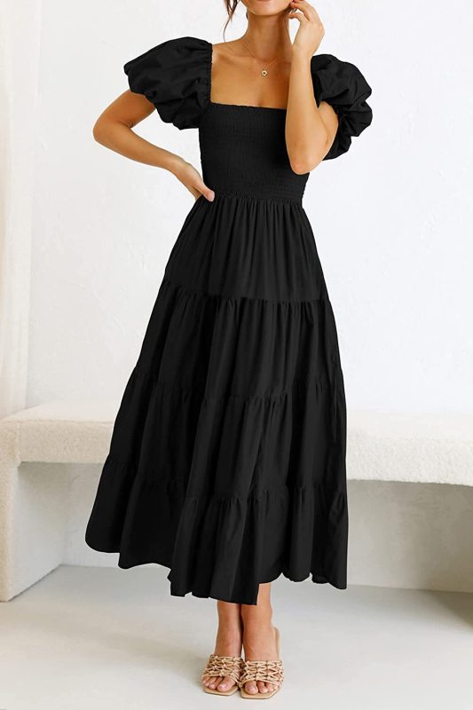 Square Neck Backless Puff Sleeve Pleated Dress - Serenity Land fashion