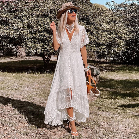 Deep V Long Sleeve Hollow Beach Dress - Serenity Land fashion