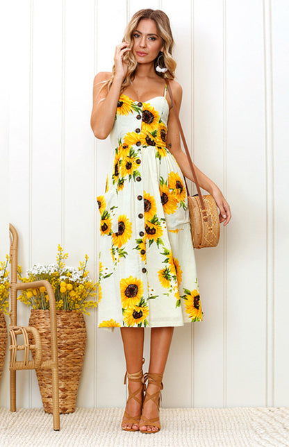 Printed Halter, Button And Backless Dress - Serenity Land fashion