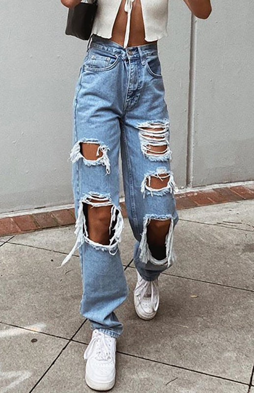 Ripped Wash Style Denim Jeans - Serenity Land fashion