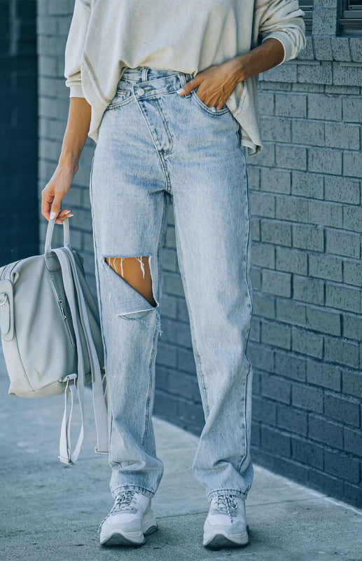 Women's Irregularly Ripped Denim Trousers