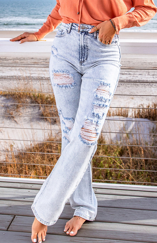 Sky Blue Fading Wash Distressed Casual Jeans - Serenity Land fashion