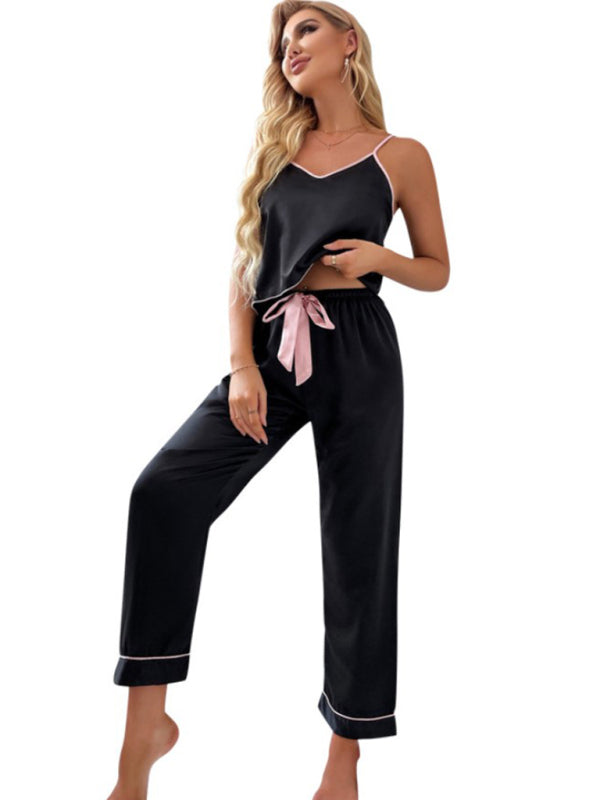 V-neck Pajama Camisole And Pajama Pants With Pink Trim 2 Pieces Sets - Serenity Land fashion