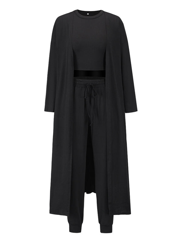 Solid Color Knitted Jacket + Vest + Trousers Home Three Sets - Serenity Land fashion