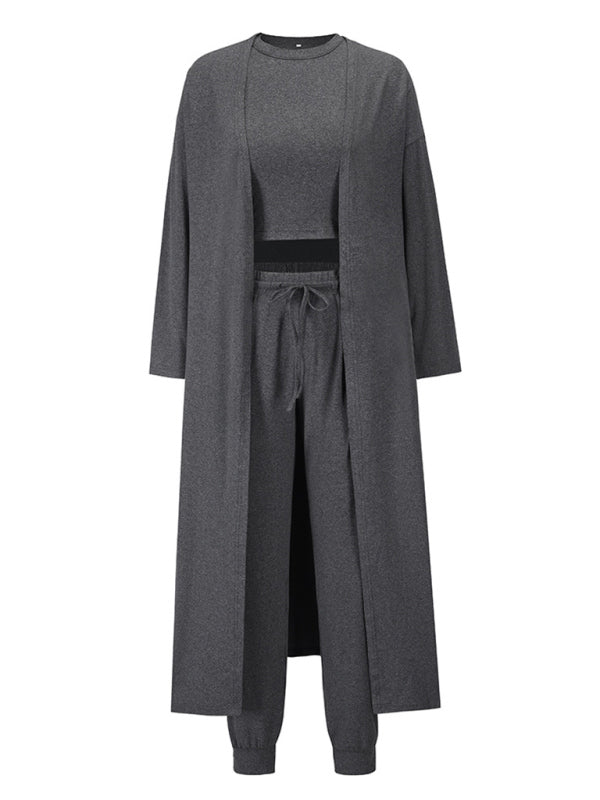 Solid Color Knitted Jacket + Vest + Trousers Home Three Sets - Serenity Land fashion