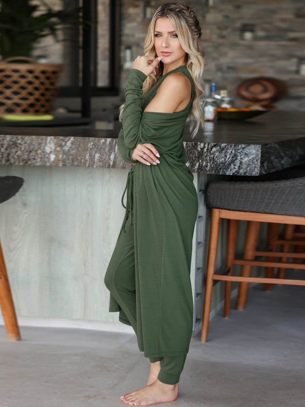 Solid Color Knitted Jacket + Vest + Trousers Home Three Sets - Serenity Land fashion