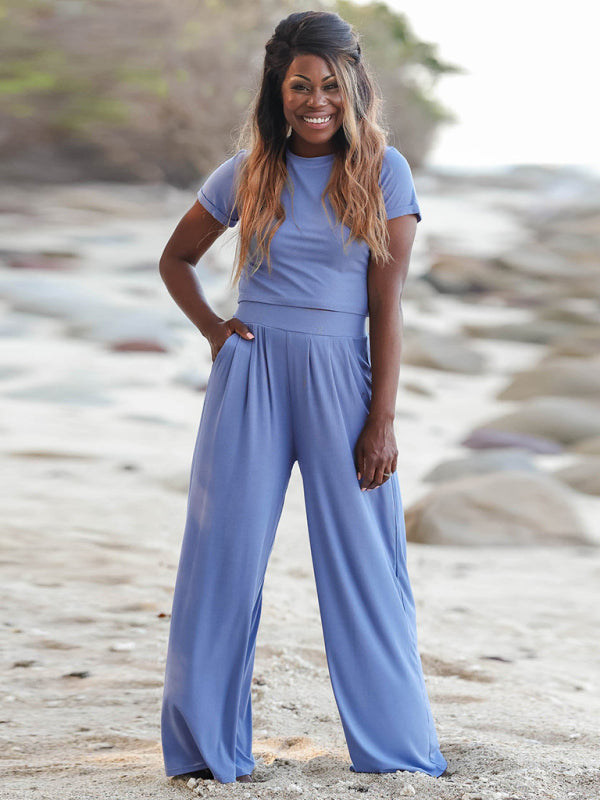 Solid color round neck short-sleeved T-shirt + trousers two-piece set - Serenity Land fashion