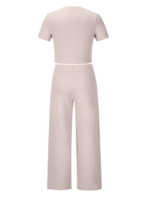 Solid color round neck short-sleeved T-shirt + trousers two-piece set - Serenity Land fashion
