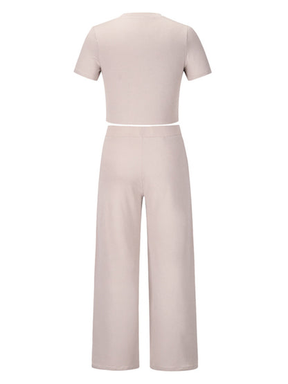 Solid color round neck short-sleeved T-shirt + trousers two-piece set - Serenity Land fashion