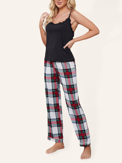 Knitted Suspenders Plaid Trousers Homewear Set - Serenity Land fashion