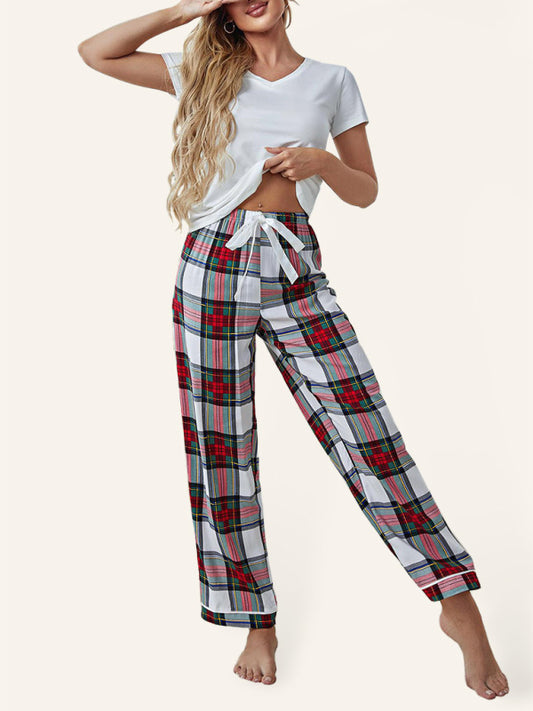 Knitted Short Sleeve Plaid Trousers Homewear Set - Serenity Land fashion