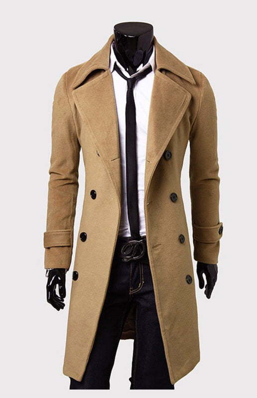 Men's Double Breasted Long Simple Wool Coat - Serenity Land fashion
