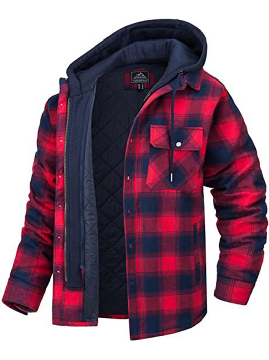 Plaid Pattern Flannel With Quilted Lined Hoodie - Serenity Land fashion