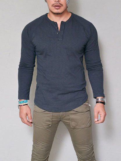Solid Color Long Sleeve Henley Shirts - Serenity Land fashion