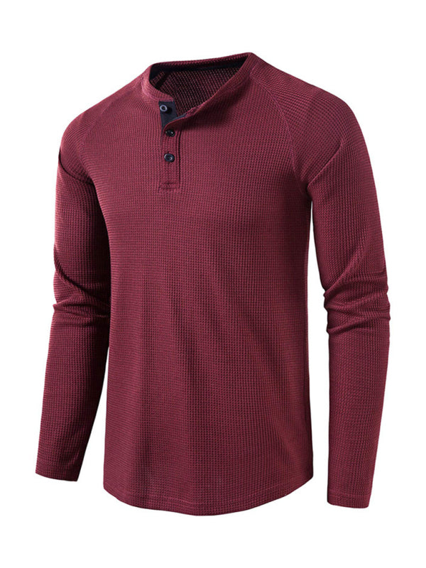 Solid Color Waffle Knit Henley - Serenity Land fashion