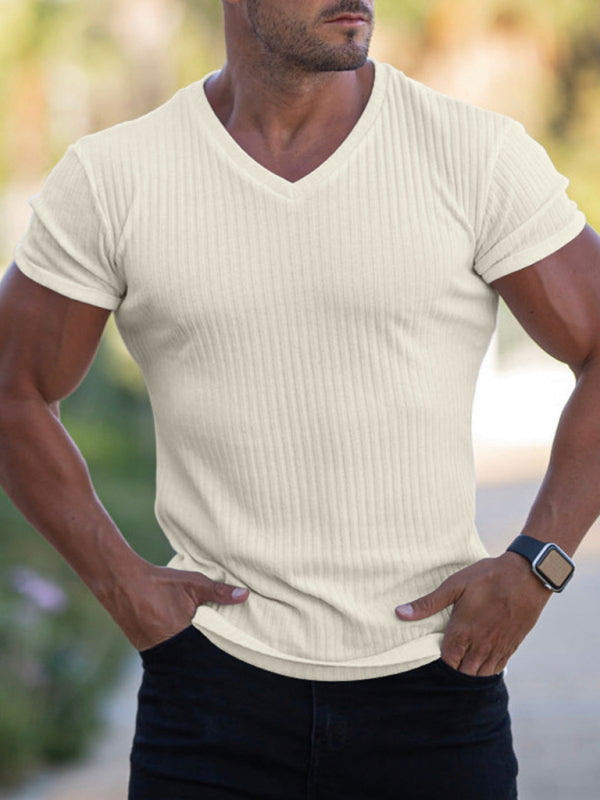 Rib-knit V-neck Short-sleeve T-shirt - Serenity Land fashion