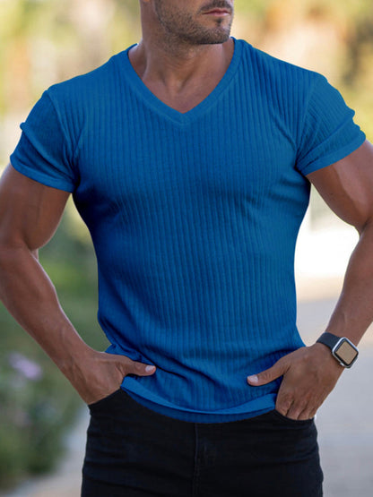 Rib-knit V-neck Short-sleeve T-shirt - Serenity Land fashion