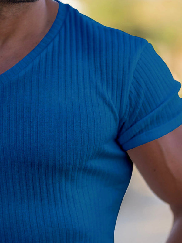 Rib-knit V-neck Short-sleeve T-shirt - Serenity Land fashion