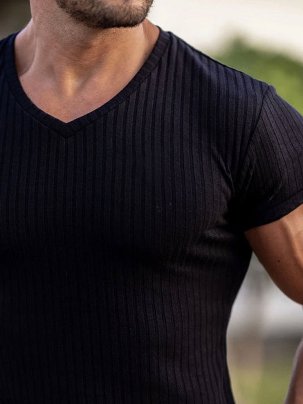 Rib-knit V-neck Short-sleeve T-shirt - Serenity Land fashion