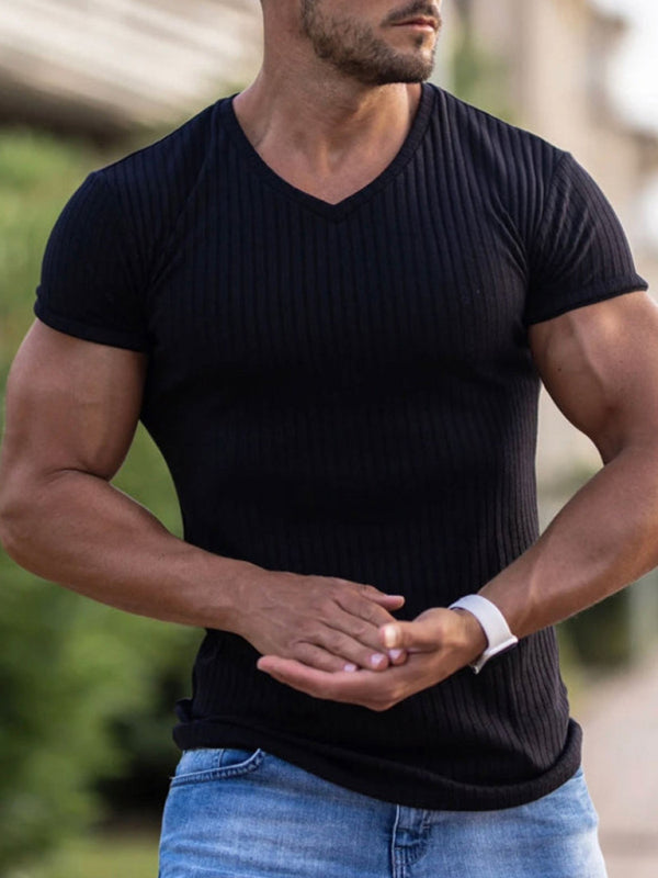 Rib-knit V-neck Short-sleeve T-shirt - Serenity Land fashion