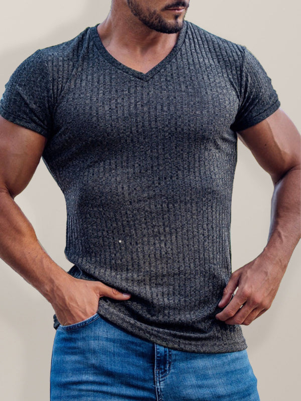 Rib-knit V-neck Short-sleeve T-shirt - Serenity Land fashion