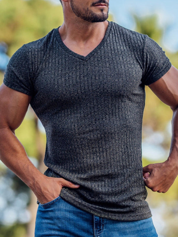 Rib-knit V-neck Short-sleeve T-shirt - Serenity Land fashion