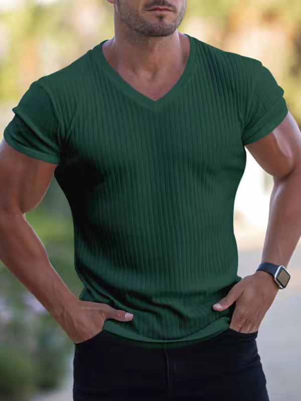 Rib-knit V-neck Short-sleeve T-shirt - Serenity Land fashion