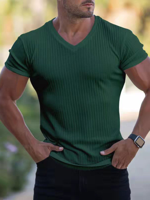 Rib-knit V-neck Short-sleeve T-shirt - Serenity Land fashion