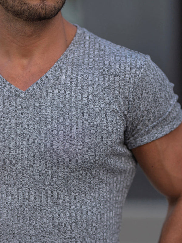Rib-knit V-neck Short-sleeve T-shirt - Serenity Land fashion