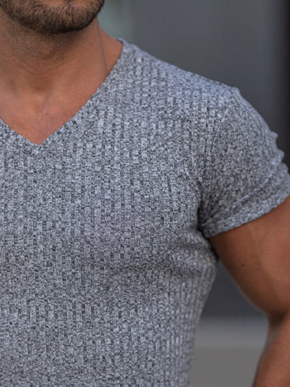 Rib-knit V-neck Short-sleeve T-shirt - Serenity Land fashion