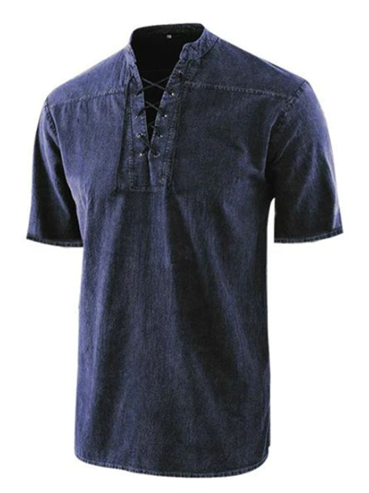 Men's Solid Color Lace Up Woven Short Sleeve Top - Serenity Land fashion