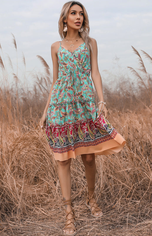 Print Boho V-Neck Slip Dress - Serenity Land fashion