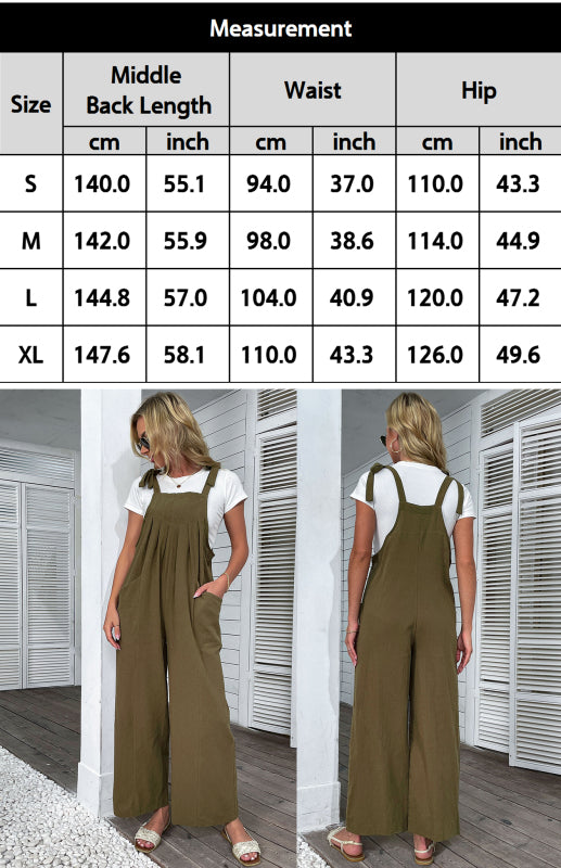 Solid color wide-leg cotton and linen overalls - Serenity Land fashion