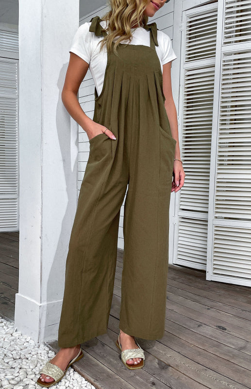 Solid color wide-leg cotton and linen overalls - Serenity Land fashion