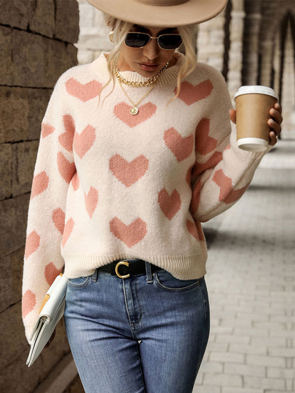 Knitted Casual Heart Long Sleeve Pink Sweater - Serenity Land fashion