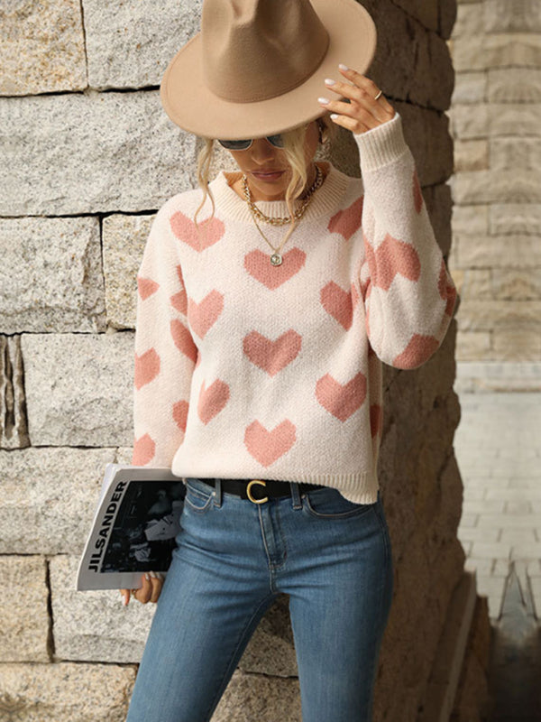 Knitted Casual Heart Long Sleeve Pink Sweater - Serenity Land fashion