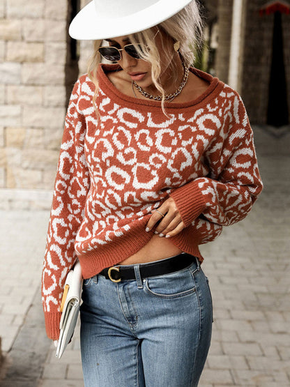 Jaguar Print Knit Sweater With Wide Neckline - Serenity Land fashion