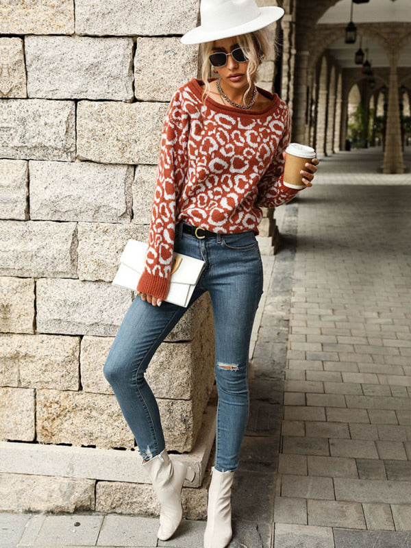 Jaguar Print Knit Sweater With Wide Neckline - Serenity Land fashion