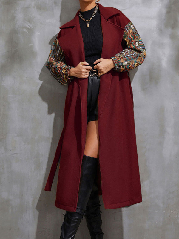 Long Collared Overcoat With Patchwork Sleeves And Front Waist Tie - Serenity Land fashion