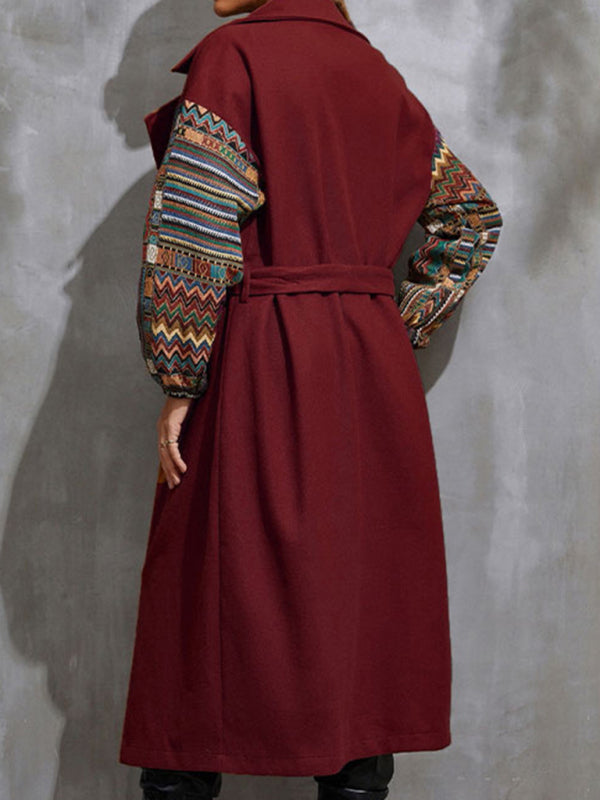 Long Collared Overcoat With Patchwork Sleeves And Front Waist Tie - Serenity Land fashion