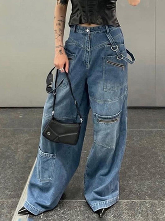 Multi-pocketed, zipped, distressed jeans with a straight leg and wide leg - Serenity Land fashion
