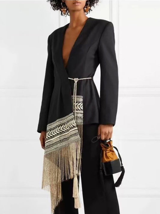 Embroidered jacquard irregular tassel hem blazer - Serenity Land fashion