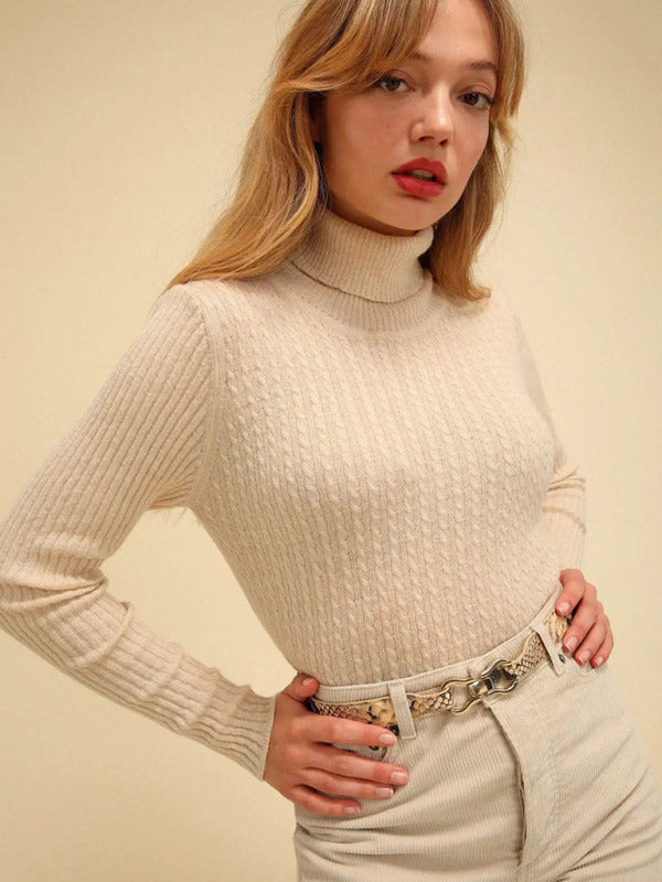 Ribbed Knitted Turtleneck Sweater With Long Fitted Sleeves - Serenity Land fashion